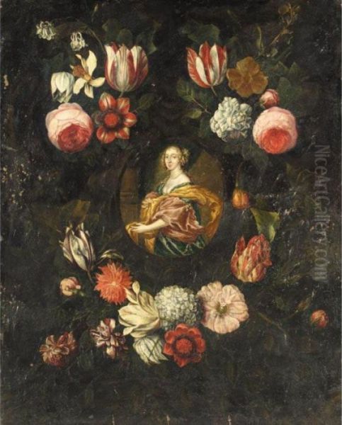 Portrait Of A Lady, Three-quarter Length, Surrounded By A Floral Garland Oil Painting by Frans Van Everbroeck