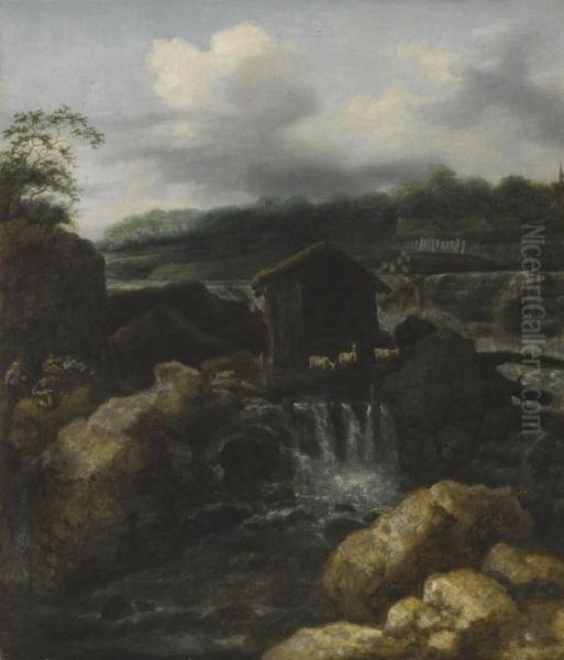 A Nordic Landscape With Herders Resting Beside A Waterfall Oil Painting by Allart Van Everdingen