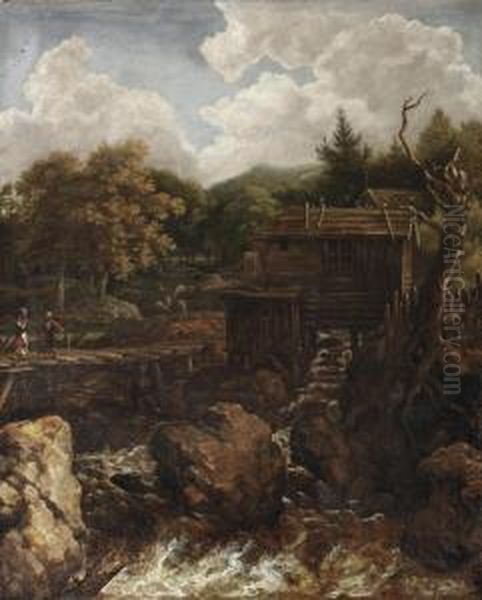 A Scandinavian Landscape With A Watermill And Figures On A Bridge Oil Painting by Allart Van Everdingen