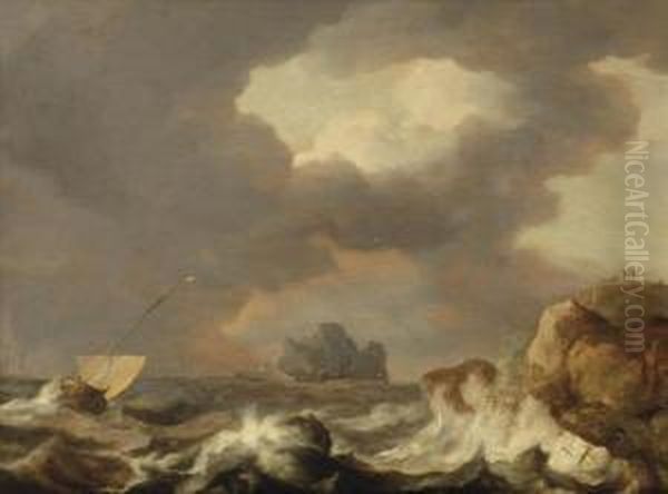 Shipping On Stormy Waters Near A Rocky Coast Oil Painting by Allart Van Everdingen