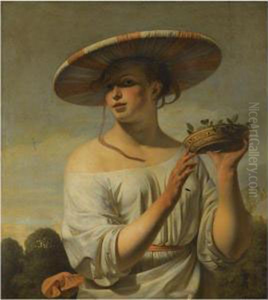 Girl Holding A Basket Of Plums Oil Painting by Caesar Boetius Van Everdingen