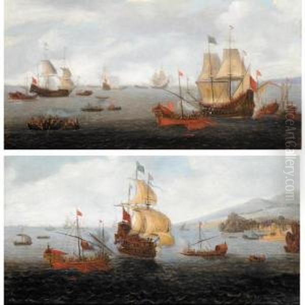 An English Frigate Flanked By Ottoman State Barges And Other Vessels Off The Shores Of A Coastal Town Oil Painting by Kasper or Gaspar van den Hoecke