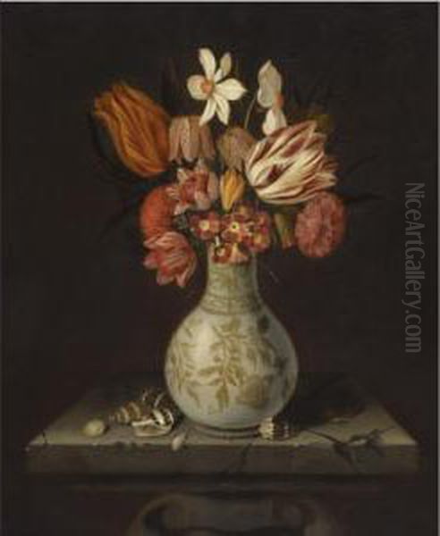 Still Life With Tulips, Crocuses, Primroses And Other Flowers In A Vase On A Stone Plinth With Shells Oil Painting by Jan Baptist van Fornenburgh