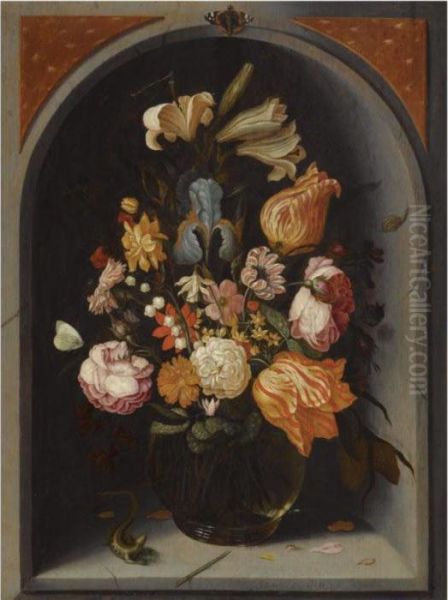 A Still Life Of Tulips, Lilies, Moss Roses, An Iris And Other Flowers In A Glass Vase In A Marble Niche, With Butterflies And A Lizard Oil Painting by Jan Baptist van Fornenburgh