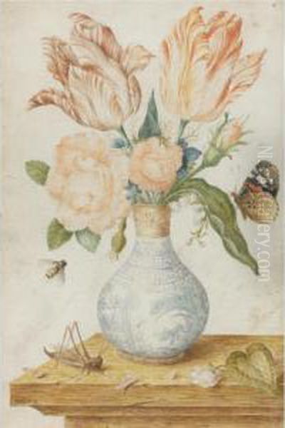 Still Life Of Tulips, Roses, A Poppy, An Anemone And Love-in-a-mist In A Wan Li Vase With Gilt Mounts, And With A Red Admiral Butterfly And Other Insects Around, All Resting On A Wooden Ledge Oil Painting by Jan Baptist van Fornenburgh