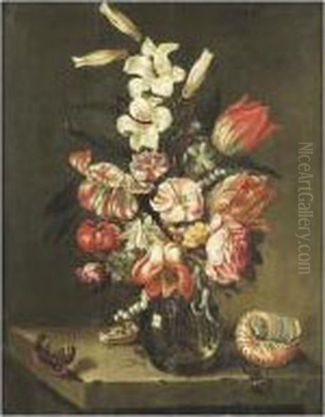 Bouquet De Fleurs Et Coquillage Sur Un Entablement Oil Painting by Jan Baptist van Fornenburgh