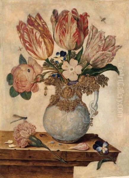 Tulips, Forget-me-nots, Peonies And Other Flowers In A Vase On Aledge Oil Painting by Jan Baptist van Fornenburgh