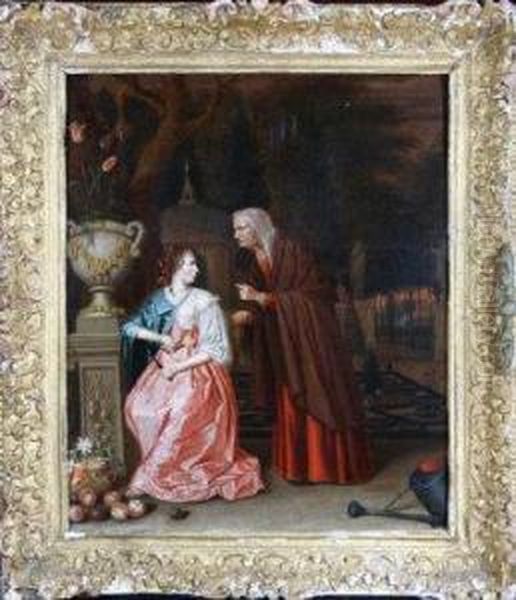 A Young Woman Cutting Fruit In A Garden Conversing With An Elderly Woman Oil Painting by Joanna Van Frytom