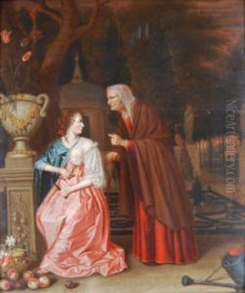 Allegorical Scene Of A Youth Andage In An Ornamental Garden Oil Painting by Joanna Van Frytom