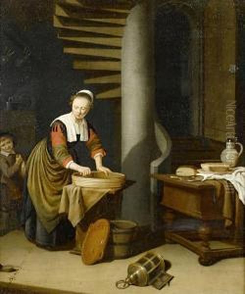 A Kitchenmaid Ironing Oil Painting by Adriaen van Gaesbeeck