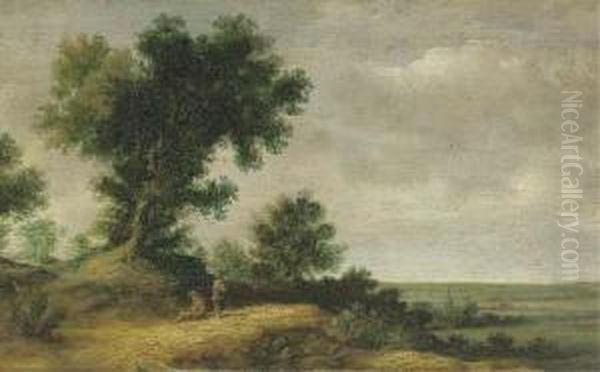 Travellers Resting In A Dune Landscape Overlooking A Panoramic View With A Church Beyond Oil Painting by Jacob van Geel