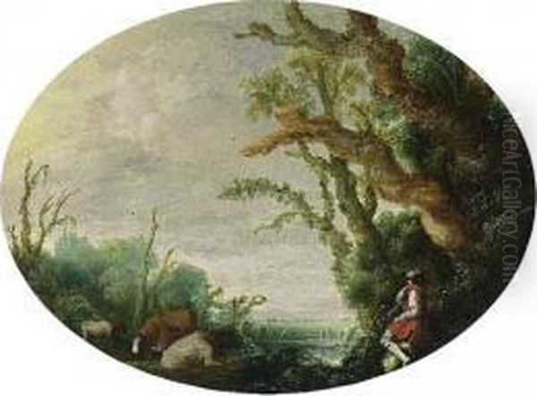 A Wooded Landscape With A Shepherd Tending His Herd At The Edge Of A Wood Oil Painting by Jacob van Geel