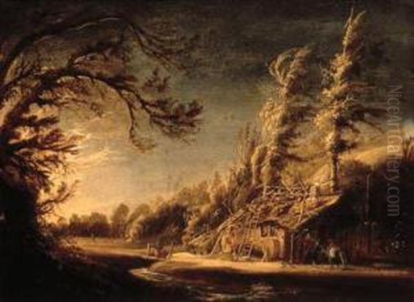 A Wooded Landscape With Peasants And A Donkey Before Acottage Oil Painting by Jacob van Geel