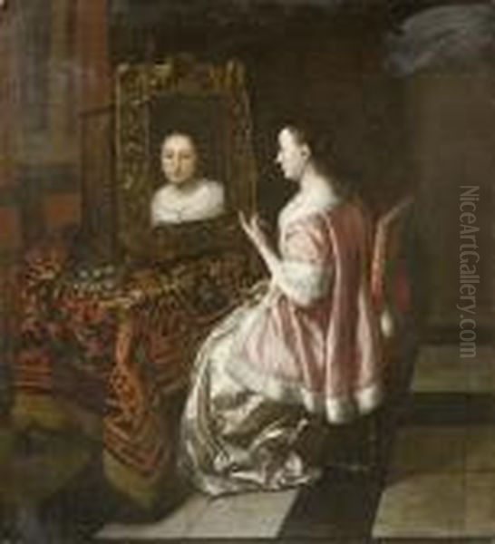 Young Lady In Front Of A Mirror Oil Painting by Jan or Joan van Noordt