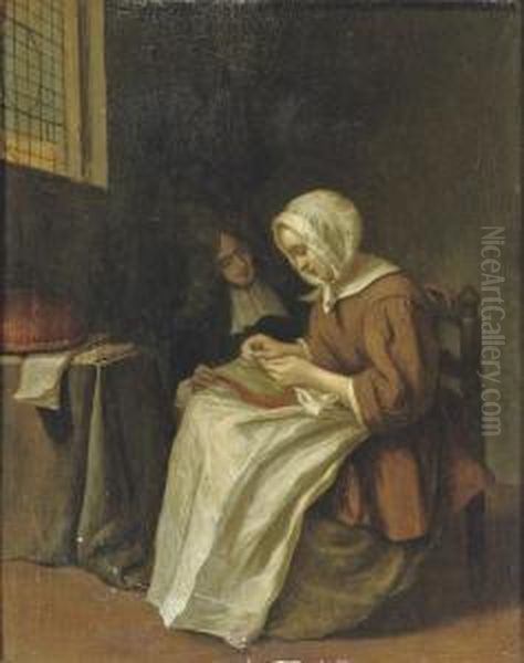 A Young Woman Doing Needlework With An Admirer Nearby Oil Painting by Jan or Joan van Noordt