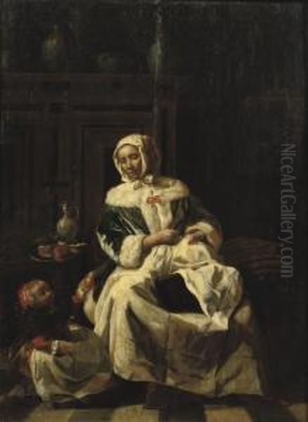 A Woman Seated In A Chair Sawing With A Child By Her Side In An Interior Oil Painting by Jan or Joan van Noordt