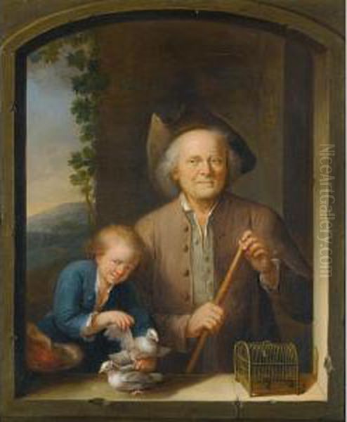 An Elderly Gentleman And A Young Boy In An Archway, Together With Two Doves And A Bird Cage Oil Painting by Jan or Joan van Noordt