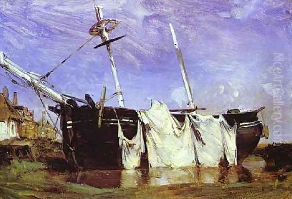 A Boat Beached In A Port At Low Tide Oil Painting by Richard Parkes Bonington