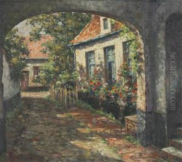 View On A Flowery Inner Court Oil Painting by Franz Van Genesen