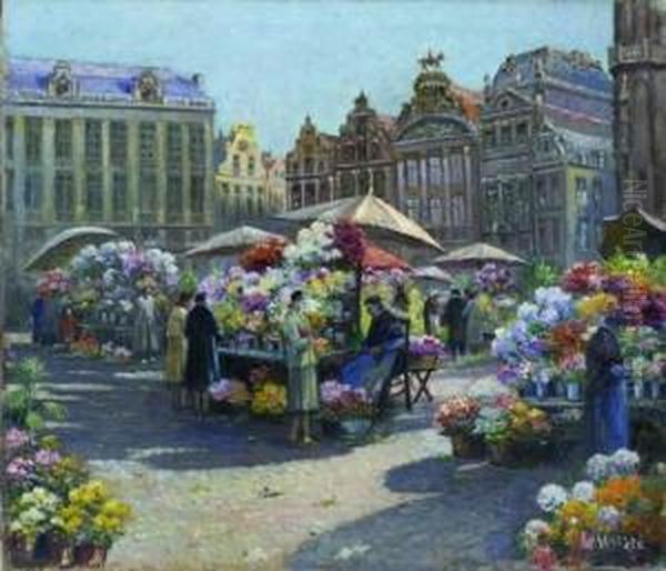 Marche Aux Fleurs A Bruxelles Oil Painting by Franz Van Genesen