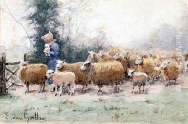 Young Girl With Sheep Oil Painting by Edward Van Goethem