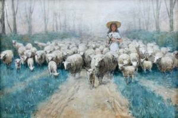 A Shepherdess With Sheep And Lambs On A Country Track Oil Painting by Edward Van Goethem