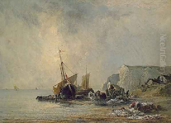 Boats Near Shore Of Normandy Oil Painting by Richard Parkes Bonington