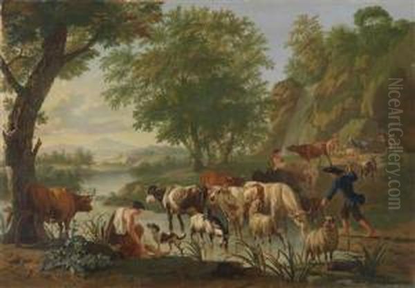 Bucolic Landscape With A Shepherd And His Flock And A Young Woman Oil Painting by Jan van Gool