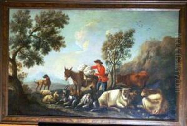 Herdsmenresting With Animals In Landscape Oil Painting by Jan van Gool