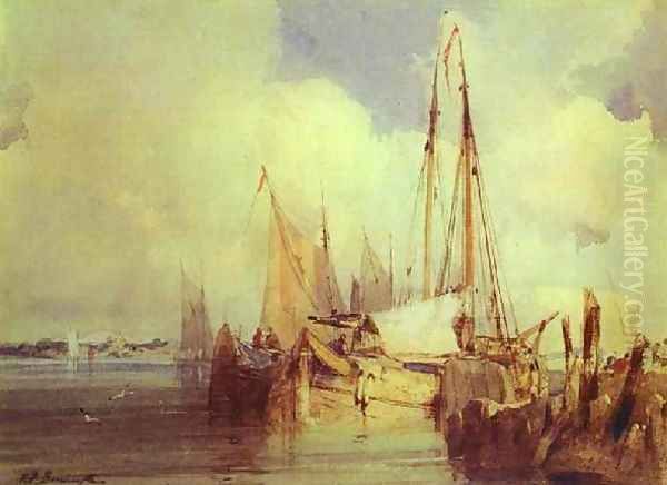 French River Scene With Fishing Boats Oil Painting by Richard Parkes Bonington