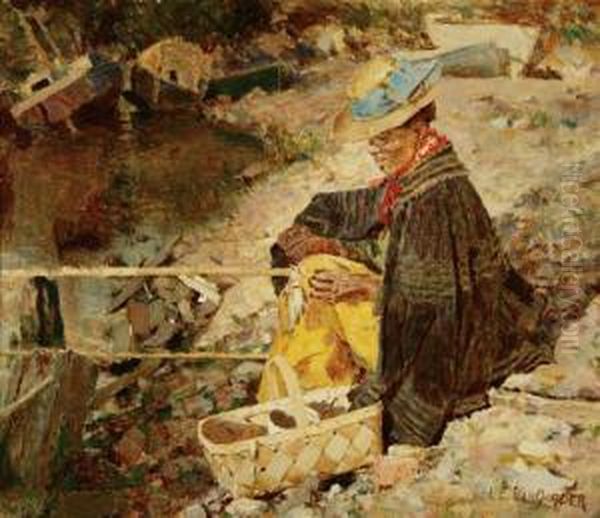 Woman Fishing By The Riverbank Oil Painting by Luther Emerson Van Gorder