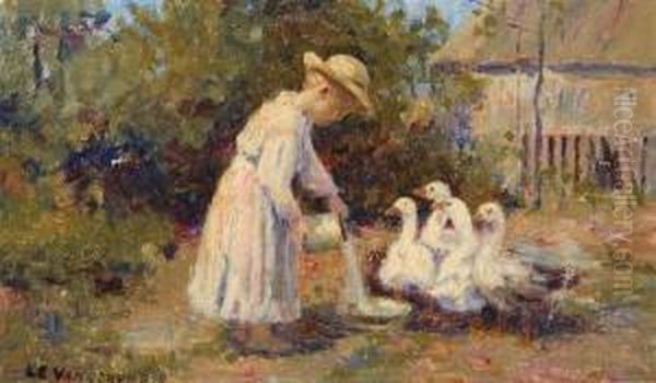 Girl With Geese Oil Painting by Luther Emerson Van Gorder