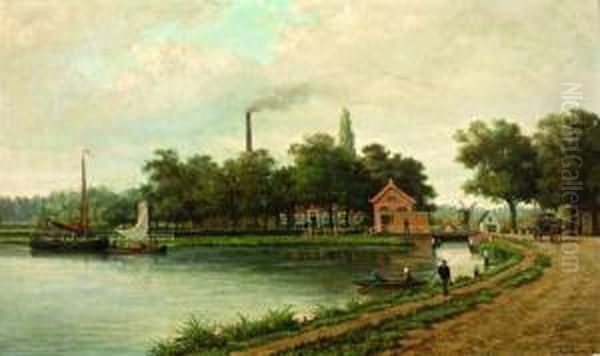 Boten Op De Vaart Bij Een Sluiswachterswoning, Mogelijk In De Omgeving Van Rotterdam - Overschie Oil Painting by Jacobus Van Jr Gorkom