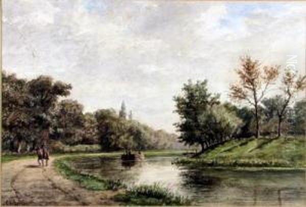 Flusslandschaft Mit Boot Oil Painting by Jacobus Van Jr Gorkom