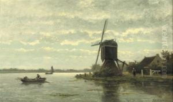 Rowing Near A Windmill Oil Painting by Jacobus Van Jr Gorkom