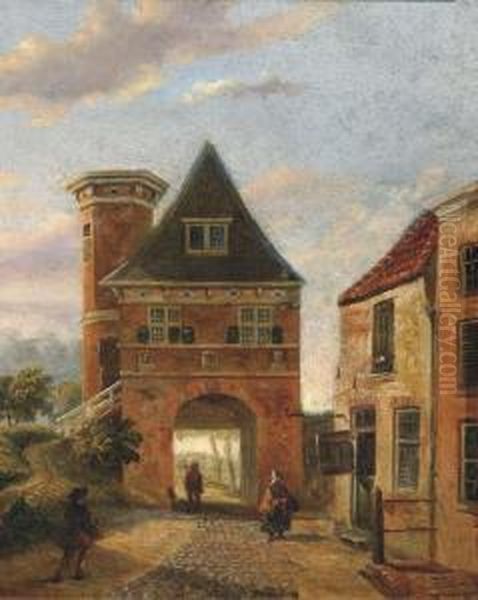 View Of A Town Gate Oil Painting by Jacobus Van Jr Gorkom