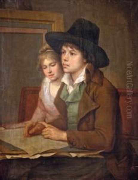 Portrait D'un Artiste Accompagne D'une Jeune Fille Oil Painting by Henri Nicolas Van Gorp