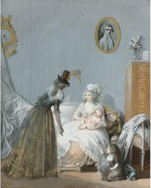 Interior Scene With A Mother And Baby Receiving A Visitor Oil Painting by Henri Nicolas Van Gorp