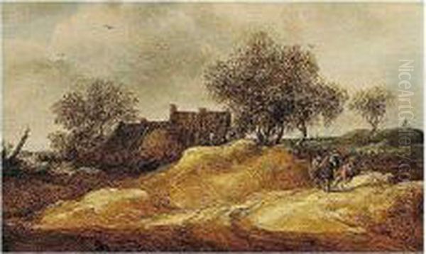 A Dune Landscape With Figures Conversing Near Cottages Oil Painting by A. Van Goyen