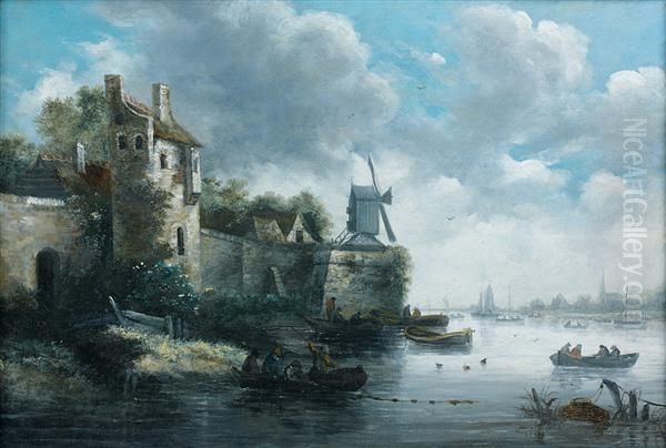 Pecheurs Devant Les Remparts D'un Village Oil Painting by Jan van Goyen