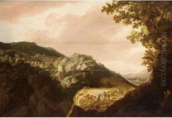 An Extensive Italianate Hilly Landscape With Shepherds Resting With Their Herd On A Path, A View Of A Town Beyond Oil Painting by Pieter Anthonisz. van Groenewegen