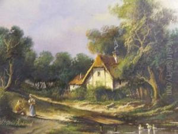 Figures By Cottages Oil Painting by Jan Hendrick van Grootvelt