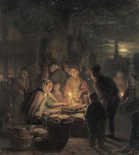 A Poultry Stall At An Evening Market Oil Painting by Jan Hendrick van Grootvelt