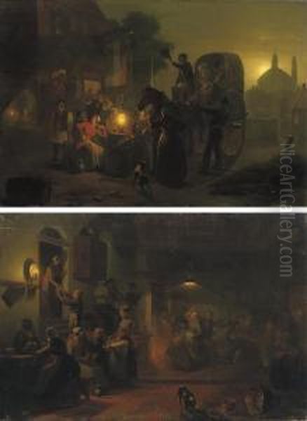 Dancing In The Tavern; And Outside The Tavern Oil Painting by Jan Hendrick van Grootvelt