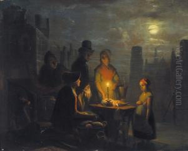 Marktscene Bij Avond (1847) Oil Painting by Jan Hendrick van Grootvelt