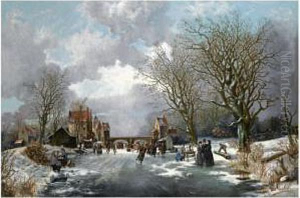 A Dutch Winter Scene With Many Elegant Figures On The Ice Oil Painting by Franciscus Lodewijk Van Gulik