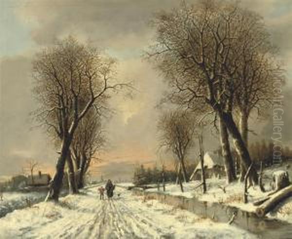 A Walk Along The Snowy Path Oil Painting by Franciscus Lodewijk Van Gulik