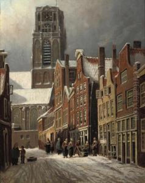 A View Of A Snow Covered Street, Rotterdam, With The St. Laurenskerk In The Distance Oil Painting by Franciscus Lodewijk Van Gulik