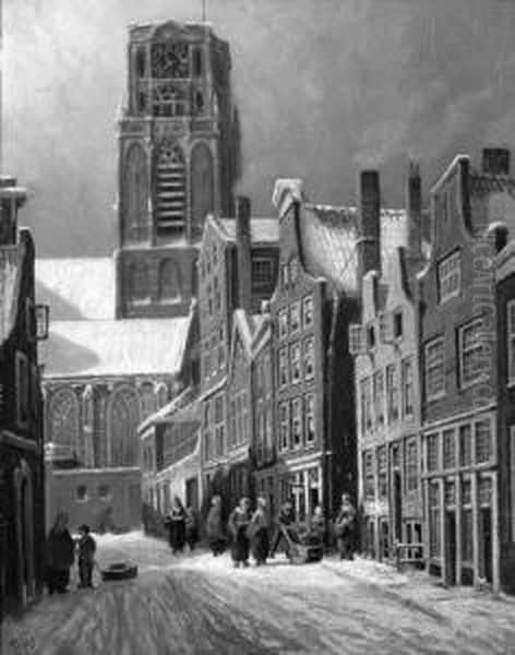 A View Of A Snow-covered Street, Rotterdam, With The St.laurenskerk In The Distance Oil Painting by Franciscus Lodewijk Van Gulik