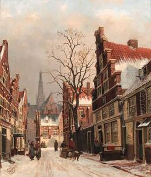 Townsfolk In A Snow-covered Street In Haarlem Oil Painting by Franciscus Lodewijk Van Gulik